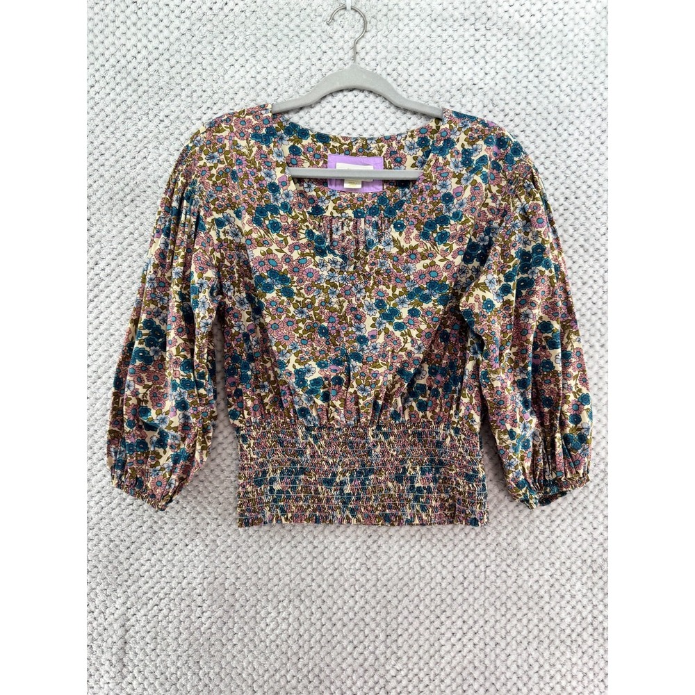 Maeve Odette Blouse Women S Blue Floral VNeck Puff Sleeve Smocked Waist Bohemian